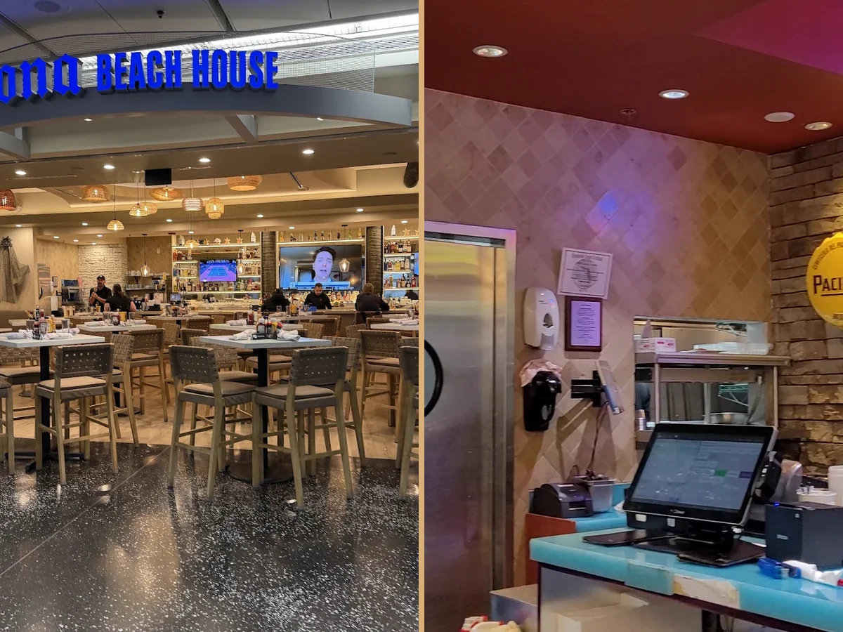 Modern restaurant tables beside a service counter.